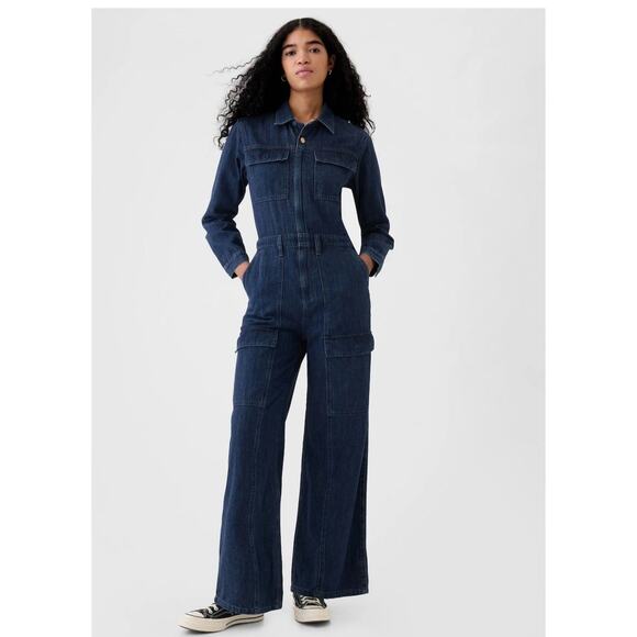 NWT GAP Size 20 Denim Cargo Wide Leg Jumpsuit Dark Blue Long Sleeve Full Zip - Picture 1 of 7
